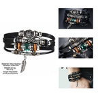 Artificial Leather Creative Vintage Punk Style Blue Beads Leaves Black For Men Leather Bracelet