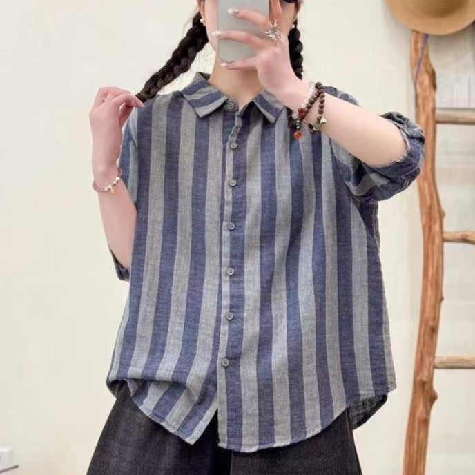 Wide Striped Printed Double-layer Yarn Loose Women's Cardigan Short Sleeve Shirt
