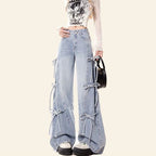 Bow Bandage Jeans For Women Loose-fitting Wide-leg Trousers