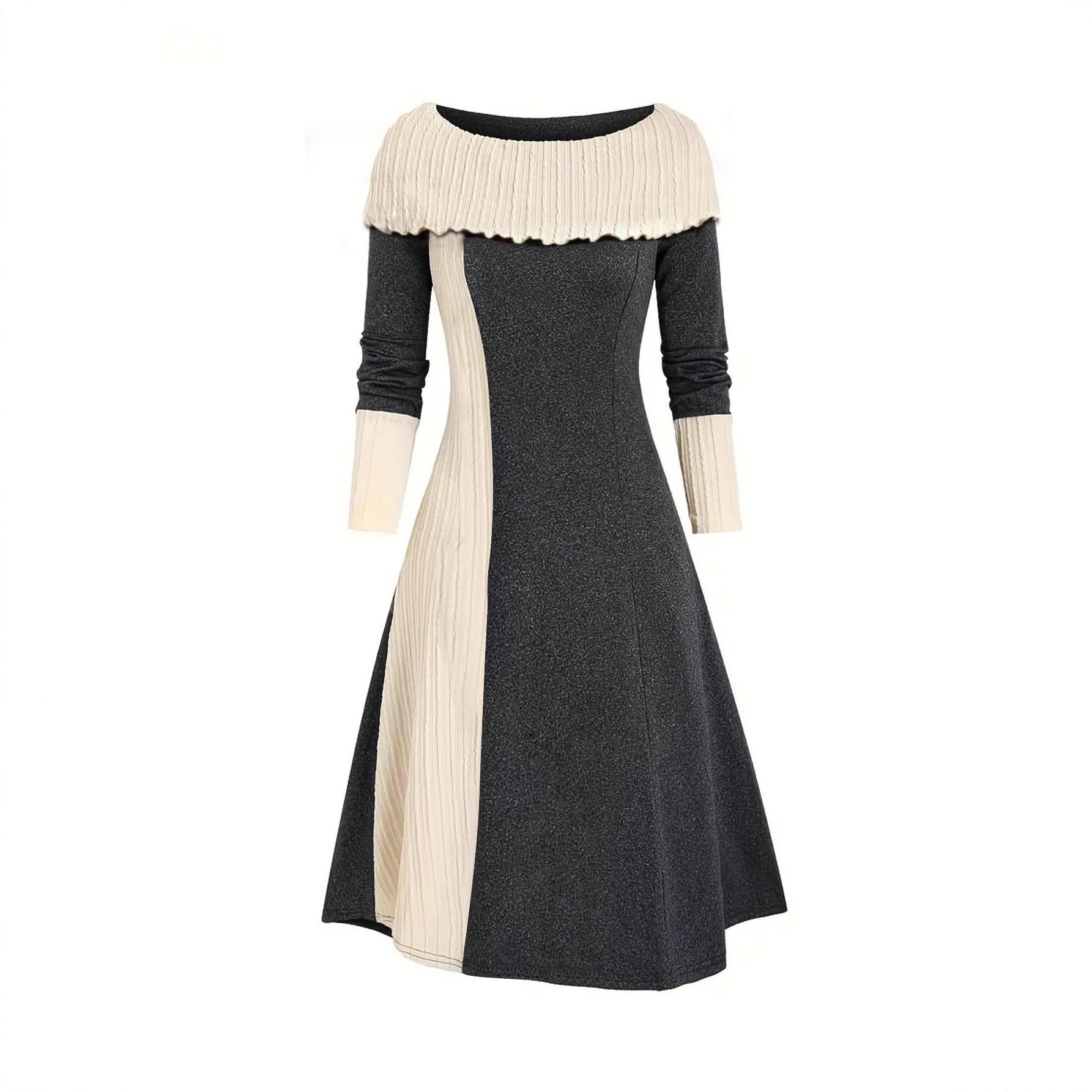 Elegant Scoop Cuffed Long Sleeve Knitted Color-matching Dress