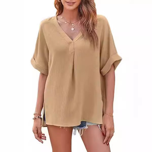 Spring And Summer Solid Color Short Sleeve Loose Blouse