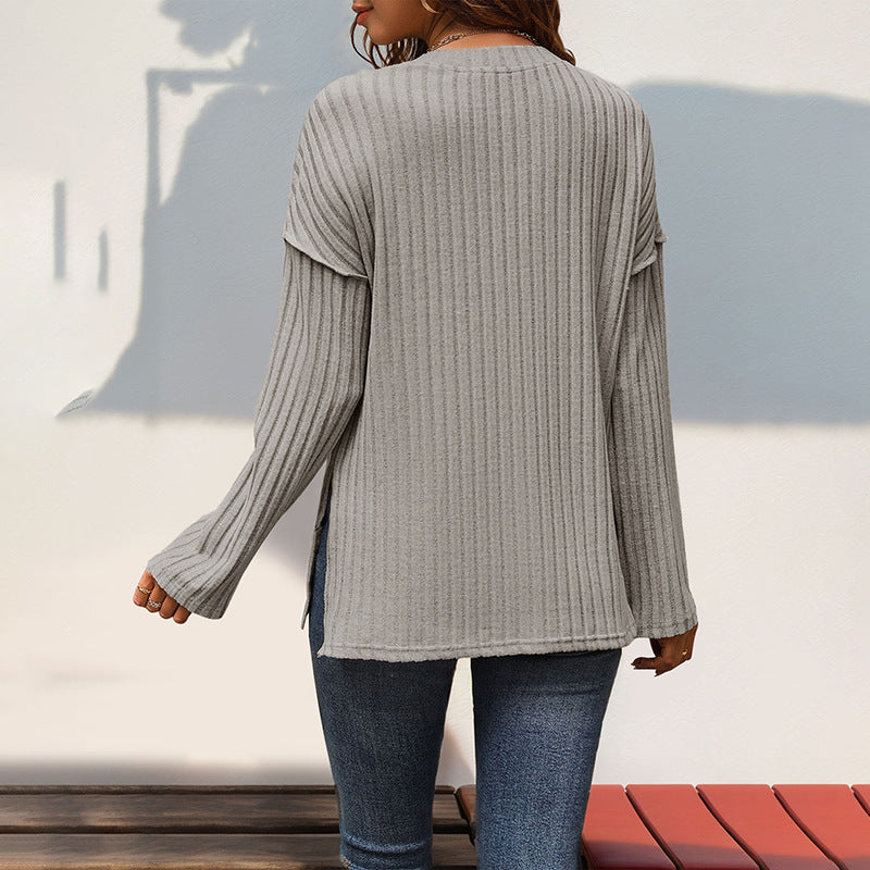 Button Round Neck Brushed Sunken Stripe Simple Casual All-match T-shirt