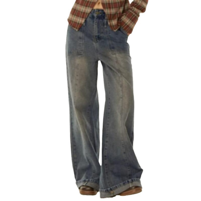Thin Gradient Vintage Jeans Women Loose Wide-leg Straight Pants